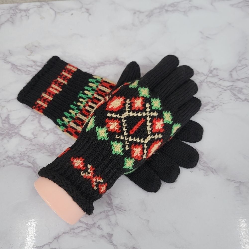 Vintage Handknit Gloves Black with Green Red Cream Nordic Fair Isle Designs